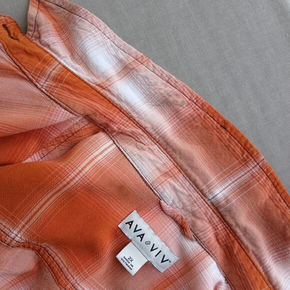 Ava & Viv Plaid Button Up Blouse 2X upcycle repaired orange long sleeve rayon - Picture 12 of 16